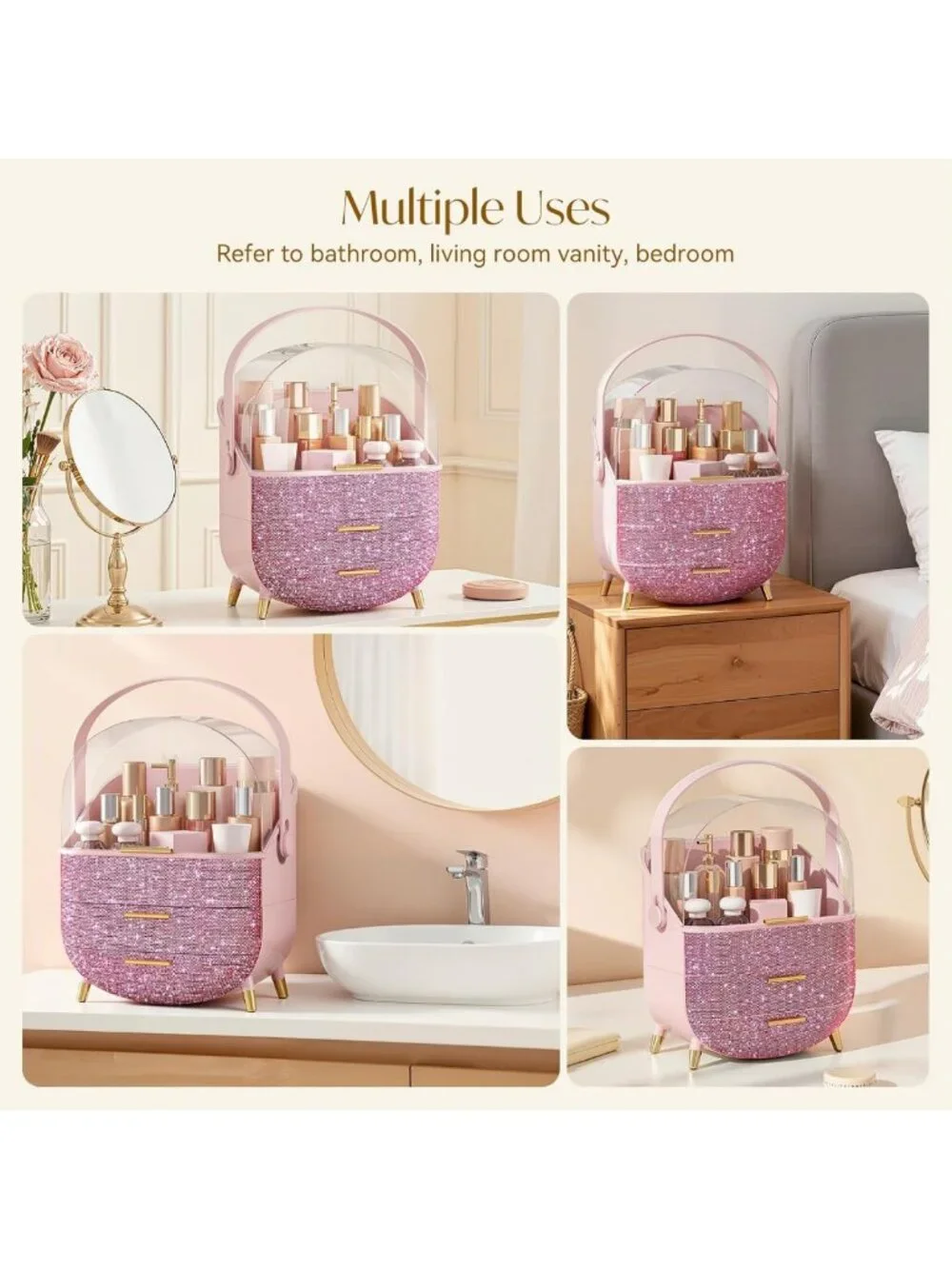 Chic Bling Makeup Organizer - Clear Cosmetic Display Case for Teen Girls, Pink